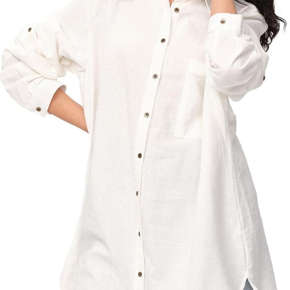 Womens Casual Button Down Shirt Long Sleeve V-Neck Linen Blouse Plus Size Tunic